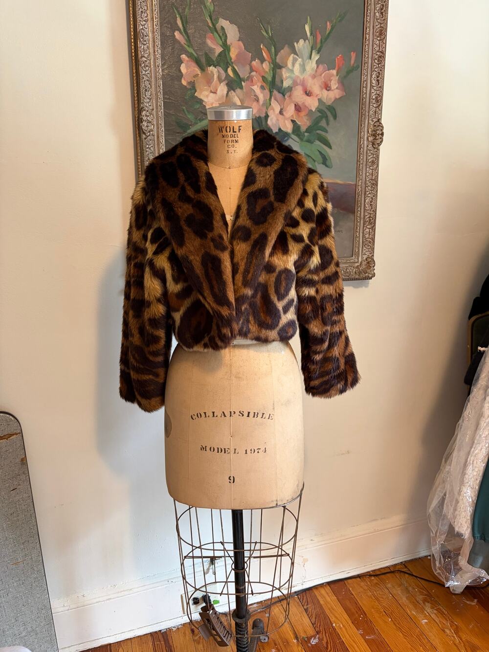 Leopard Print Faux Fur Cropped Jacket Women's Small Mob Wife Glam Lined
